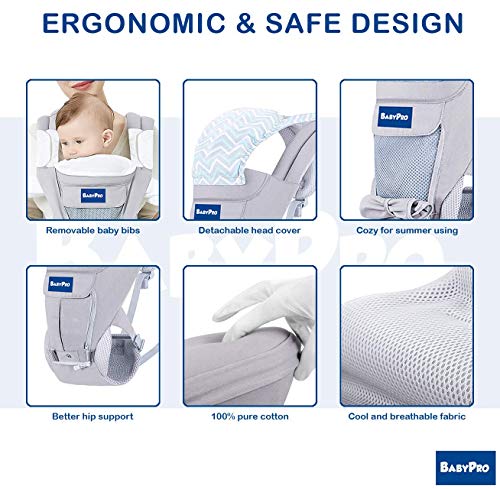BabyPro Baby Carrier with Hip Seat, 9 Ergonomic Positions, All Season Baby Sling for Newborns Infants Toddlers, Hands Free Baby Carrier Wrap Front and Backpack for Traveling, Hiking and Breastfeeding