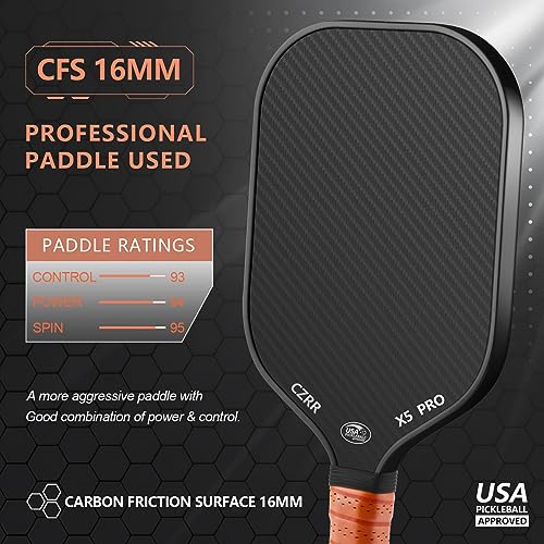 Pickleball Paddle, USA Pickleball Approved, 3K Raw Carbon Fiber Surface (CFS) High Grit & Spin, with 16MM Polypropylene Honeycomb Core, Ideal for Novice and Professional Players