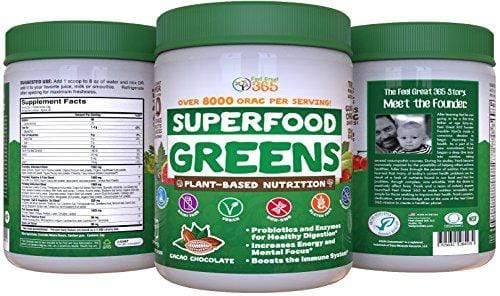 Superfood Vital Greens Powder - Cocoa Chocolate by Feel Great 365, Doctor Formulated, Organic, Whole30 Friendly, and Vegan, 100% Non-GMO with Real Green Vegetables, Polyphenols, and Probiotics