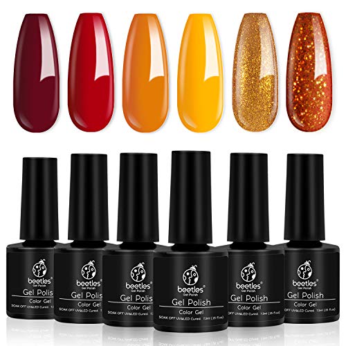 Beetles Gel Nail Polish Set, Red Orange Glitter Gel Polish Kit Soak Off Led Lamp Required Nail Gel Polish Kit Nail Art Gift Box