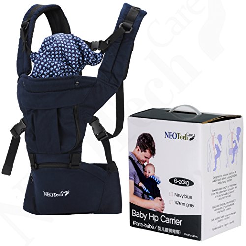 Baby Carrier Hip Seat 100% Cotton - Pocket & Removable Hoodie/Head Support - Adjustable & Breathable - Neotech Care Brand - for Infant, Child, Toddler - Grey