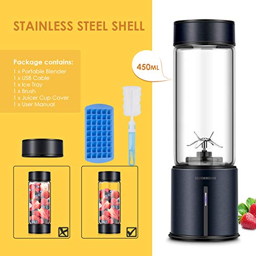 REDMOND Portable Blender 5000mAh USB Rechargeable Smoothie Blender with 16oz Glass Bottle Stainless Steel Shell for Smoothie Milk Shake Mini Travel Size - Black