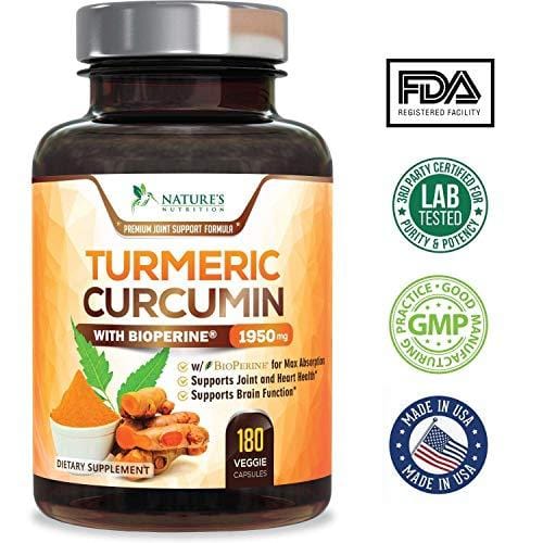 Turmeric Curcumin Max Potency 95% Curcuminoids 1950mg with Bioperine Black Pepper for Best Absorption, Best Vegan Joint Pain Relief, Made in USA, Turmeric Pills by Natures Nutrition - 180 Capsules