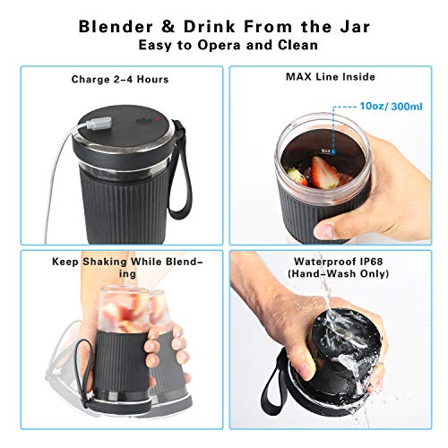 Portable Blender, 300ml BZseed Personal Size Blender Shakes and Smoothies, USB Rechargeable Mini Black Juicer Cup Handheld Fruit Mixer-IP68 Waterproof, BPA Free