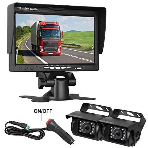 HD 720P Backup Camera and 7" Monitor Kit, 2 Cameras for School Bus/Trailer/RV/Truck/Pick up/Van Rear View Camera Single Power System IP68 Waterproof Night Vision Driving/Reversing Use