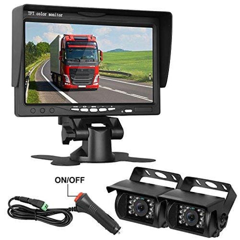 HD 720P Backup Camera and 7" Monitor Kit, 2 Cameras for School Bus/Trailer/RV/Truck/Pick up/Van Rear View Camera Single Power System IP68 Waterproof Night Vision Driving/Reversing Use