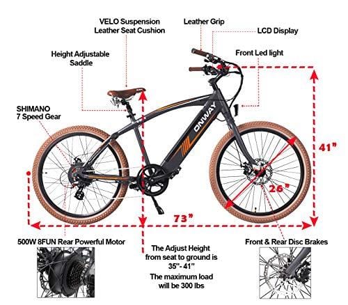 ONWAY 36v Ebike 26 Inch 500w Fat Beach Electric Cruiser Bike with LCD Display for Men