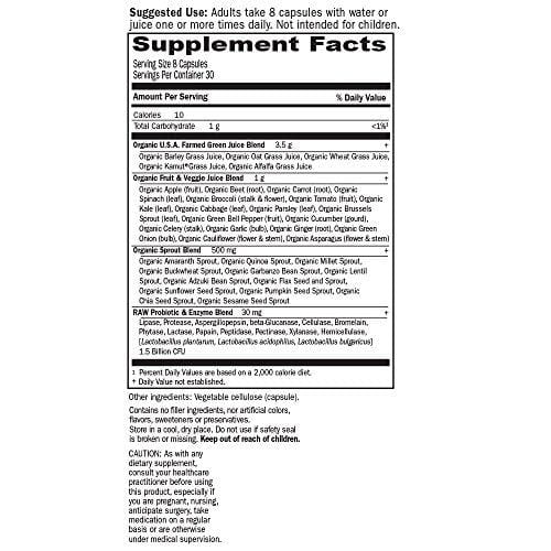 Garden of Life Raw Perfect Food Green Superfood Juiced Greens Powder Capsules - 30 Servings, Non-GMO, Gluten Free, Vegan Whole Food Dietary Supplement, Organic Greens, Juice Sprouts Probiotics, 240ct