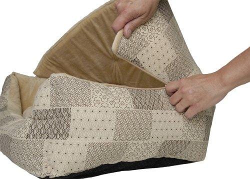 K&H Pet Products Hooded Lounge Sleeper Pet Bed Teal Patchwork Print 20" x 25"