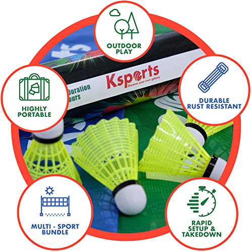 Ksports Portable 17 Feet Badminton Net Set(Green)−One Net for Pickleball, Tennis, Soccer Tennis, Kids Volleyball−4 LED Shuttlecocks−One Carry Bag−Easy Setup Nylon Net with Poles for Indoors & Outdoors