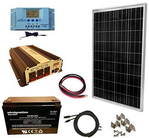 WindyNation 100 Watt Solar Panel Kit + 1500W VertaMax Power Inverter + 100ah AGM Deep Cycle Battery for RV, Boat, Off-Grid 12 Volt