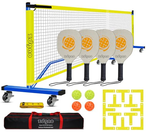 Pickleball Nets with Wheels Portable Pickle Ball Set with Net and Pickleball Paddles of 4, 22FT Pickleball Net Outdoor Pickle Balls, Court Marking Kit, and Carrying Bag for Family, Home