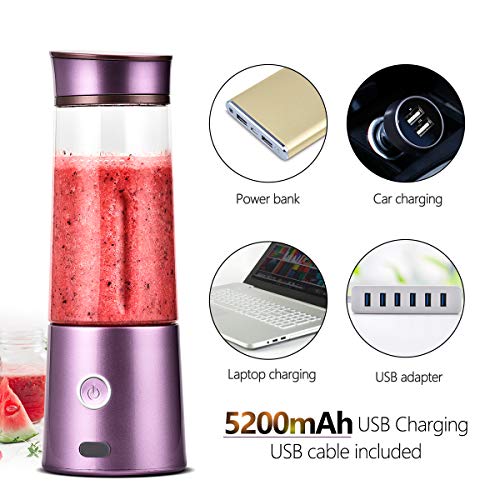 Kacsoo Portable Smoothie Blender, M650 USB Blender for Shakes and Smoothies, Fruit Mixer Juicer Cup, Multifunctional Single Serve Personal Travel Blender, with 5200 mAh Rechargeable Battery, FDA BPA Fre (Purple)