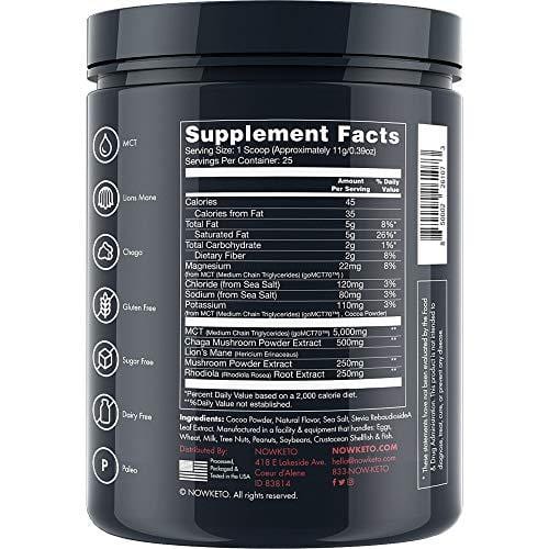 NOW KETO Keto +Balance with Lion’s Mane Mushroom, Chaga Mushroom, Rhodiola Root, C8 MCT Oil Powder | Sodium, Magnesium, Potassium, Sea Salt, Dutch Cocoa | Keto Coffee Creamer (Dutch Cocoa Chocolate)