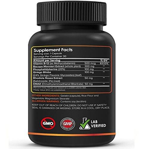 Brain Supplement Nootropics Booster - Enhance Focus, Boost Concentration, Improve Memory & Clarity For Men & Women, Ginkgo Biloba, DMAE, Mind Enhancement, IQ Neuro Energy, Vitamin B12, Bacopa Monnieri