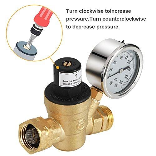 Kohree Water Pressure Regulator Valve, Brass Lead-Free Adjustable Water Pressure Reducer with Gauge for RV Camper, and Inlet Screened Filter