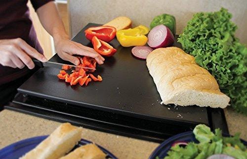 Camco Decor Mate Stove Topper and Cutting Board - Eliminates RV and Camper Stove Top Rattling |Can be Used as a Serving Tray - Black (43704)