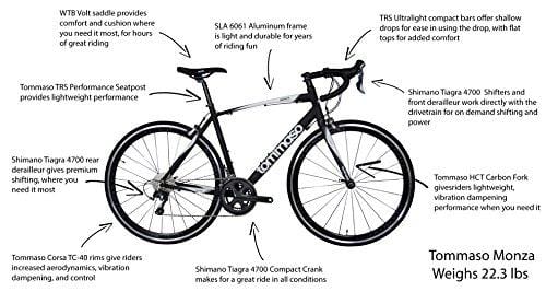 Tommaso Monza Endurance Aluminum Road Bike, Carbon Fork, Shimano Tiagra, 20 Speeds, Aero Wheels - Matte Black - Medium