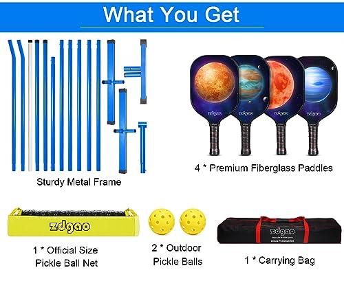 Zdgao Portable Pickle Ball Set with Net - Regulation Size Pickleball Net System with 4 Fiberglass Paddles, 4 Pickle Balls and Carry Bag for Driveway, Weather Resistant Metal Frame Outdoors