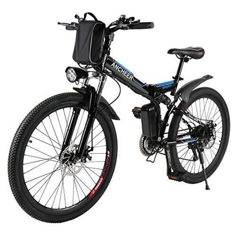 ANCHEER Folding Electric Mountain Bike with 26 Inch Wheel, Large Capacity Lithium-Ion Battery (36V 250W), Premium Full Suspension and Shimano Gear (Black) (Black)