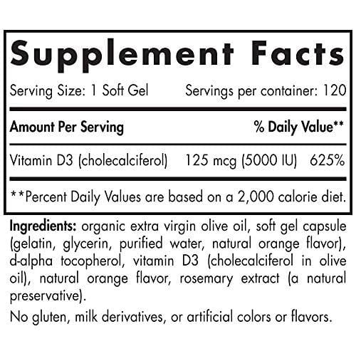Nordic Naturals Vitamin D3 5000 - Potent Dose of Vitamin D3 for Bone Health, Mood and Sleep Rhythm Support, and Immune System Function*, Orange, 120 Soft Gels