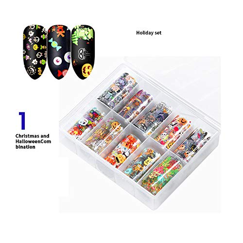 20 Roll Nail Art Stickers Nail Foil Transfer Wraps Decals, Nail Art DIY Decoration Kit for Christmas Festival (Pumpkin, Bat, Spider,Snowman,Snowflake,Biscuit Man, Gift）