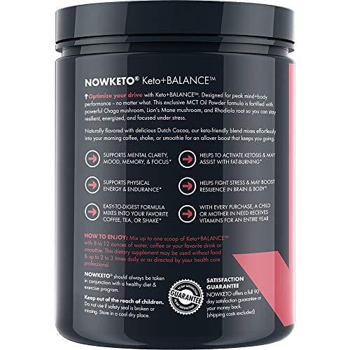 NOW KETO Keto +Balance with Lion’s Mane Mushroom, Chaga Mushroom, Rhodiola Root, C8 MCT Oil Powder | Sodium, Magnesium, Potassium, Sea Salt, Dutch Cocoa | Keto Coffee Creamer (Dutch Cocoa Chocolate)