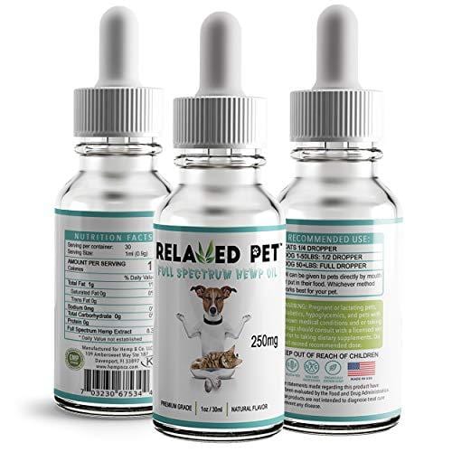 Relaxed Pet Full Spectrum Hemp Oil 250mg for Dog & Cat Calming - HempWorks for Joint Pain Relief, Stress and Seperation Anxiety for Dogs + Omega 3 & 6 for Skin & Fur. The Safest mg. for Pets