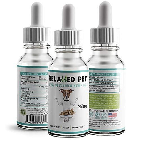 Relaxed Pet Full Spectrum Hemp Oil 250mg for Dog & Cat Calming - HempWorks for Joint Pain Relief, Stress and Seperation Anxiety for Dogs + Omega 3 & 6 for Skin & Fur. The Safest mg. for Pets