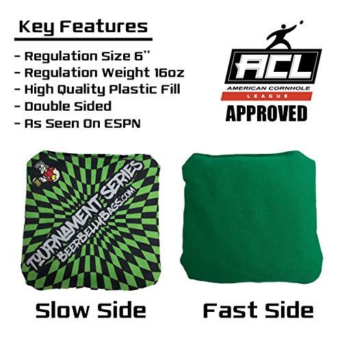 Beer Belly Bags Cornhole - Tournament Series 8 Bags ACL Approved Resin Filled - Double Sided - Sticky Side | Slick Side (Green Orange)