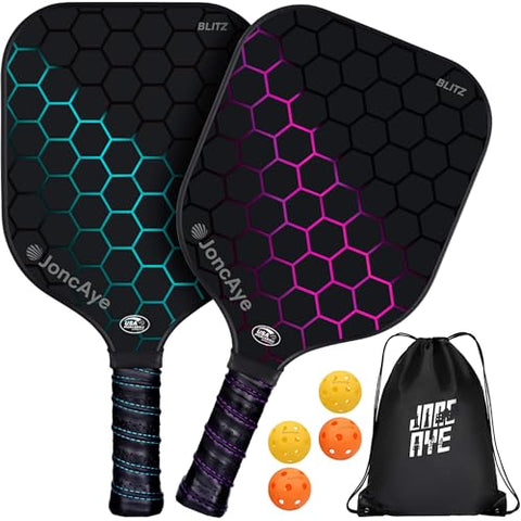 JoncAye Pickle-Ball-Paddle Set of 2 with Outdoor Indoor Balls, Paddle Bag | USAPA Approved Fiberglass Pickleball-Rackets 2 Pack for Kids Adults | Pink Blue for Women Men