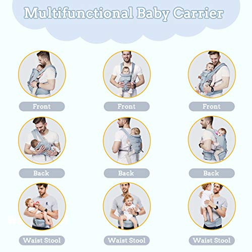 Baby - Carrier, 6-in-1 Baby Carrier with Waist Stool-, FRUITEAM Baby Carrier with Hip Seat for Breastfeeding, One Size Fits All - Adapt to Newborn, Infant & Toddler (Blue)