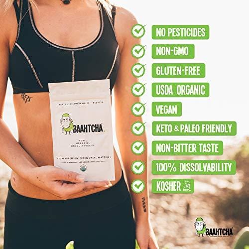 Baahtcha - USDA Organic Matcha Green Tea Powder - Premium Ceremonial Grade - Value Size Lowest Price - Natural Caffeine Energy Drink Mix, Antioxidant, Weight Loss, Fat Burner - 70g