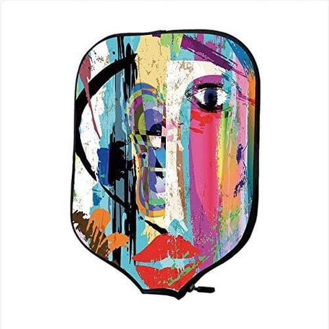 Neoprene Pickleball Paddle Racket Cover Case,Abstract,Woman Face Art Composition with Paint Strokes and Splashes Eye Red Lips Grungy Decorative,Multicolor,Fit for Most Rackets - Protect Your Paddle