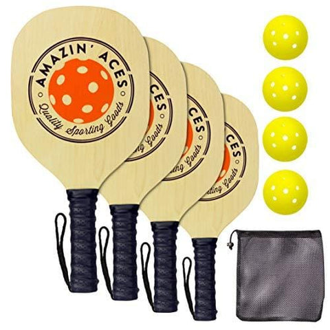 Pickleball Paddle Set By Amazin' Aces | Pickleball Set Includes 2-4 Wood Pickleball Paddles, 4 Pickleballs, 1 Carry Bag & Guaranteed FUN! | Great Rackets For Beginners | Includes Free eBook