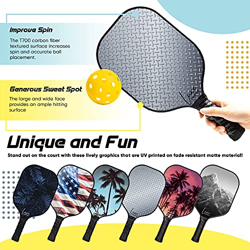 Graphite Pickleball Paddle with Cover - Lightweight Pickleball Racket for Beginners to Professionals - Toray T700 Carbon Fiber Face - Quiet Pickle Ball Paddle with Fun UV Printed Graphics