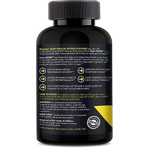 NOW KETO Keto + Burn Exogenous BHB Ketone Supplement Capsules | Best Keto Diet | Ketosis Supplement to Support Fat Burn, Boosts Energy with Beta Hydroxybutrate Salts for Weight Loss 60 Capsules
