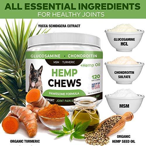 Pawesome Hemp + Glucosamine for Dogs - Hip & Joint Supplement - w/ Hemp Oil + Protein - Chondroitin, MSM, Turmeric to Improve Mobility & Energy - Natural Joint Pain Relief, 120 Soft Chews