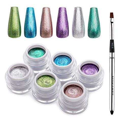 Makartt Glitter Gel Nail Polish Set, 6 Colors Fall Silver Rose Gold Purple Blue Green Holographic Gel Nail Polish, Sparkle Gel Polish Set for Women Home and Salon Use, P-32