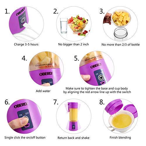 Portable Blender, OBERLY Smoothie Juicer Cup - Six Blades in 3D, 13oz Fruit Mixing Machine with 2000mAh USB Rechargeable Batteries, Ice Tray, Detachable Cup