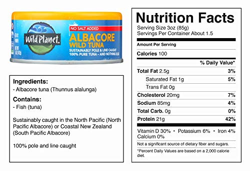 Wild Planet Wild Albacore Tuna, No Salt Added, Keto and Paleo, 3rd Party Mercury Tested, 5 Ounce, 12 Count (Pack of 1)