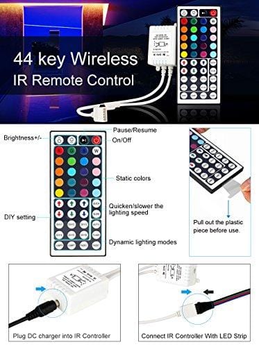 SUPERNIGHT LED Strip 16.4Ft 5050 Waterproof 300leds Adhesive Rope Lights,RGB Color Changing Kit with LED Flexible Strip and 44 Key Remote Control and 12V DC 5A Power Supply
