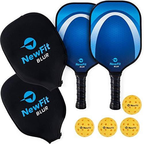 NewFit Blur Pickleball Paddle | USAPA Approved | Graphite Face & Polymer Core for a Quiet and Light Racket | 2 Paddles Set w/ 4 Balls (Blue Set)