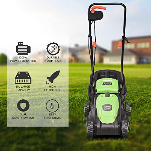 HAPPYGRILL 14-Inch 12 Amp Electric Lawn Mower, Handle Push Corded Lawn Mower with Grass Bag