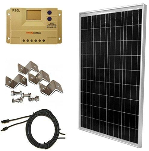 WindyNation Complete Solar 100 Watt Panel Kit: 100W Solar Panel + 20A LCD Display PWM Charge Controller + MC4 Connectors + Mounting Z Brackets for 12V Battery Off Grid, RV, Boat