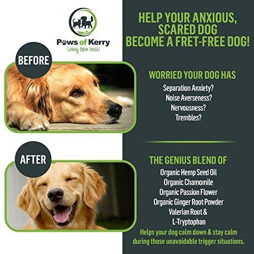 Paws of Kerry #1 Calming Treats for Dogs Anxiety, Natural Relief from Separation Anxiety, Organic Hemp Oil Soft Chews & Calm Aid for Motion Sickness, Storms, L-Tryptophan & Organic Chamomile |120 Soft