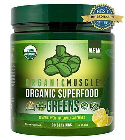 Certified Organic Superfood Greens Powder | #1 Green Juice Supplement for Energy, Detox, Immune & Gut Health w/Pre & Probiotic Blend | Vegan, Keto, Non-GMO, Lemon Flavor, 30 Serv | ORGANIC MUSCLE
