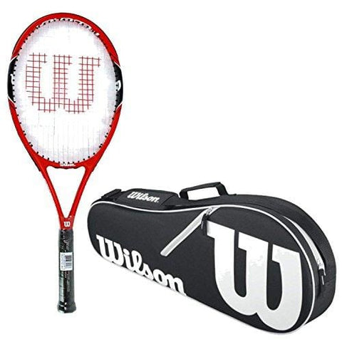 Wilson Federer 100 Black/Red Midplus 16x19 Pre-Strung Recreational Tennis Racquet (4 3/8" Grip) Starter Kit or SetBundled with a Black/White Advantage II Tennis Racket Bag