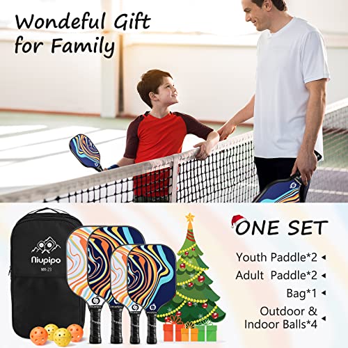 Pickleball Paddles, Parent, Child Pickleball Set, USAPA Approved Pickleball Paddles 4 Pack, 4 Balls, 1 Pickleball Bag, Fiberglass Surface, Polypropylene Honeycomb Core, Lightweight Pickleball Paddle