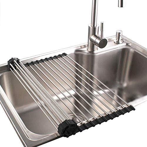 Dish Rack Sponge Holder Stainless Steel RV Roll up Shelf Over Sink Drainer for Recreational Vehicle Large (17.2x15.7x0.4) inch